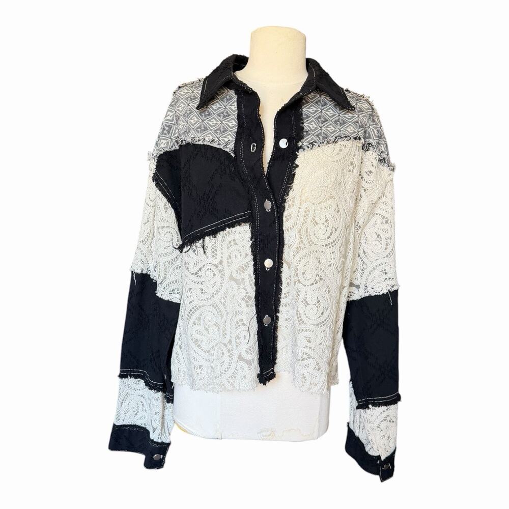 POL Mixed Media Lace Jacket Black Ivory Button Front Crochet Lace Women’s Small